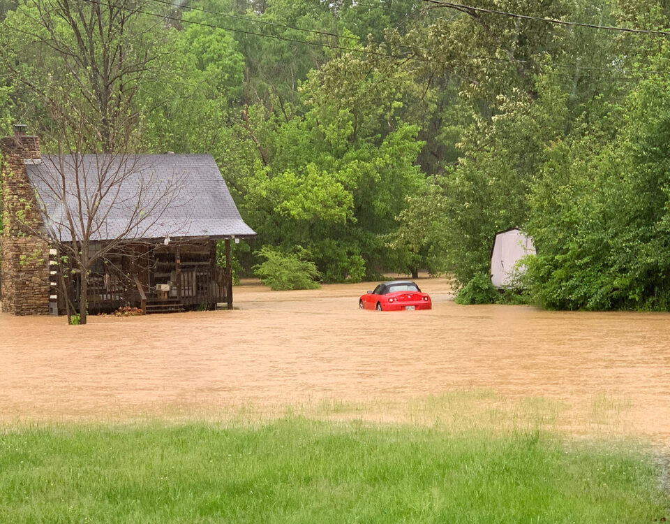Flooded road around cabin